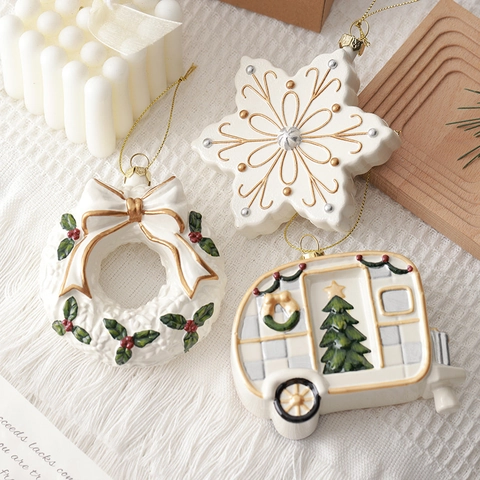 Christmas Hanging Ornaments White Gold Painted PVC Nutcracker Snowflake Camper House Tree Wreath Holiday Tree Decor