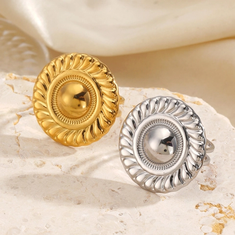 Anillo De Disco Redondo Vintage De Acero Inoxidable Con Patrón Espiral Estilo Étnico Boho Exagerado Anillo Abierto Ajustable Para Mujer