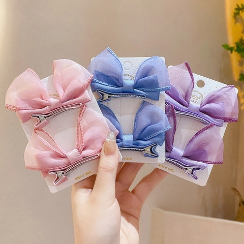 Mesh Fabric Bow Hair Clips Butterfly Sweet Princess 3D Elegant Hairpins For Girls Kids Children Non Slip Alloy Base
