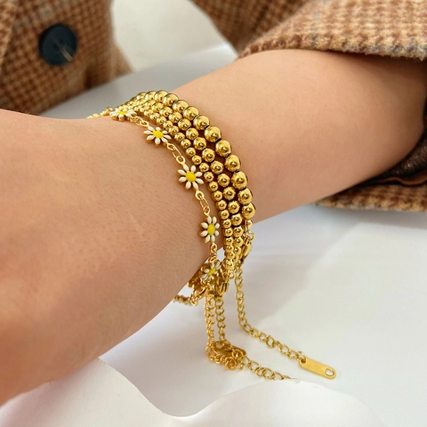 Minimalist Stainless Steel Ball Chain Bracelet 18K Gold Plated Round Beads Adjustable Fashion Jewelry For Women