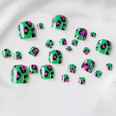 Press On Toenails Glossy Neon Green Leopard Print Short Square False Nails For Women Summer Fashion Foot Decor