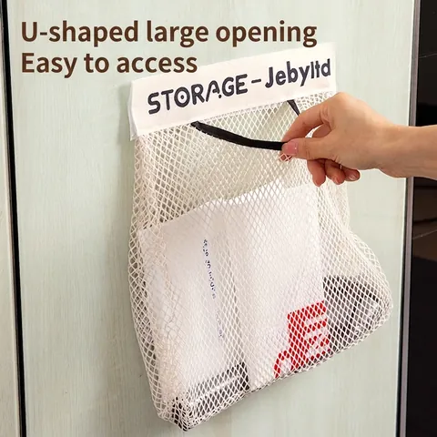 Wall Mounted Mesh Storage Bag Breathable Polyester Kitchen Grocery Plastic Bag Holder Organizer Hanging Pocket