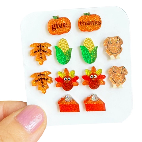 Thanksgiving Stud Earrings Glitter Acrylic Turkey Pumpkin Maple Leaf Give Thanks Holiday Jewelry For Women