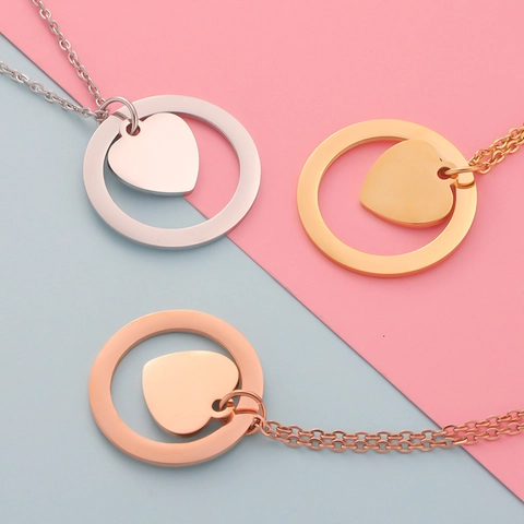 Heart Pendant Round Ring Necklace Stainless Steel 18K Gold Plated Simple Geometric Fashion Jewelry For Women Couples