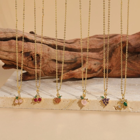 Fruit Hanger Ketting Koper 14K Verguld Gekleurde Zirkonia Kers Appel Druif Kokosnoot Elegante Sieraden Voor Dames