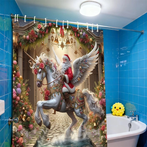Christmas Shower Curtain Waterproof Polyester Fabric Santa Claus Riding Winged Unicorn Pegasus With Hooks For Bathroom Holiday