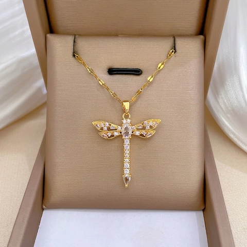 Dragonfly Pendant Necklace Gold Plated Stainless Steel And Copper Micro Pave Cubic Zirconia Elegant Hollow Jewelry For Women
