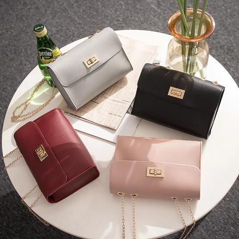 Women Shoulder Crossbody Bag PU Leather Solid Color Chain Strap Twist Lock Small Square Trendy Elegant Flap Purse