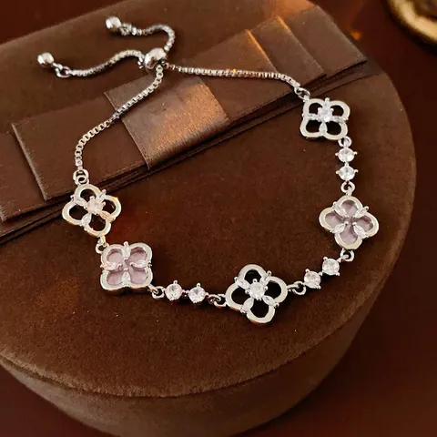 Ρυθμιζόμενο Βραχιόλι Με Λουλούδι Τριφύλλι Χάλκινο Διάτρητο Ροζ Ζιργκόν Κομψό Vintage Κόσμημα Για Γυναίκες