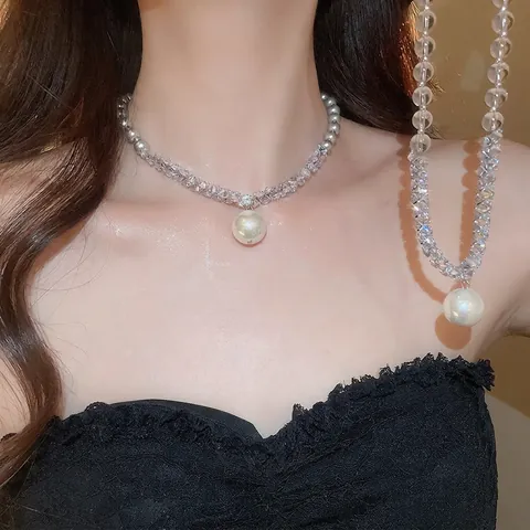 Artificial Pearl Pendant Necklace With 925 Sterling Silver Faceted Crystal Beaded Clavicle Chain Rhinestone Jewelry For Women Girls