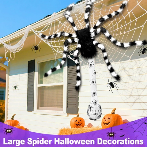 Riesen Plüschspinne Halloween Dekoration Mit Großen Weißen Netz Gruselige Spukhaus Requisiten Für Draußen