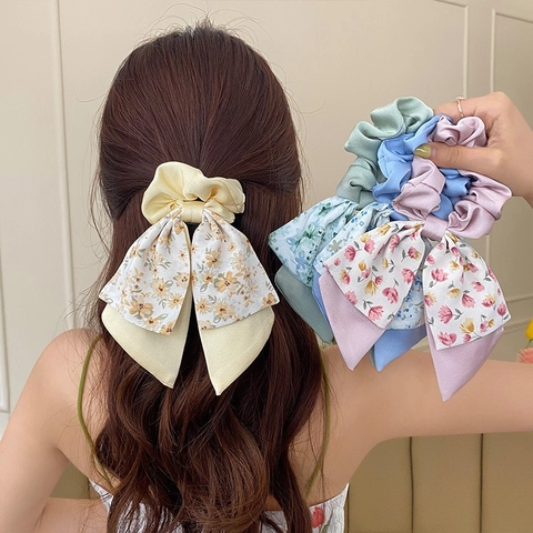 Scrunchie Con Fiocco Floreale Francese E Lungo Nastro Streamer Elastico Per Capelli In Tessuto Per Donna Stile Pastorale