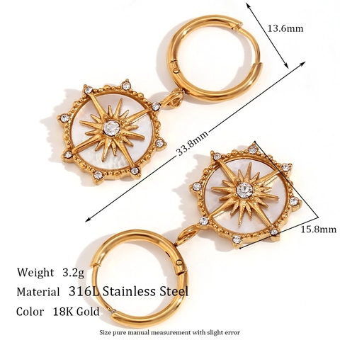 Pendientes De Aro Con Colgante De Brújula Estrella Acero Inoxidable Chapado En Oro 18K Concha Strass Mujer Vintage