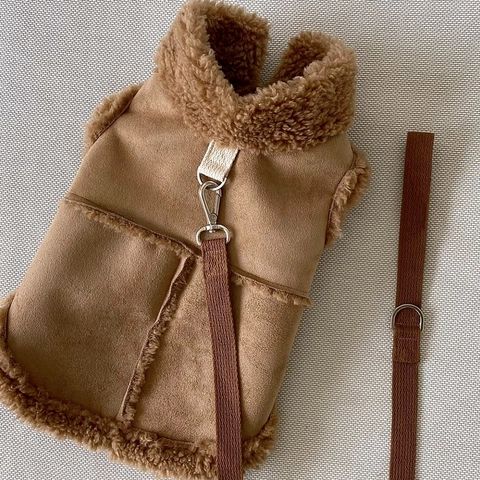 Winter Warm Pet Vest Harness And Leash Suede Lamb Wool Thickened Clothing For Small Dogs Cats Soft Fleece Padded Jacket