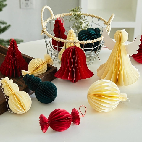 Christmas Honeycomb Paper Ornaments Xmas Tree Hanging Decorations Snowman Bell Candy Shapes Festive Party Scene Layout