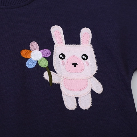 Sweat-shirt En Coton Pour Filles Pull À Manches Longues Col Rond Broderie Applique Lapin De Dessin Animé