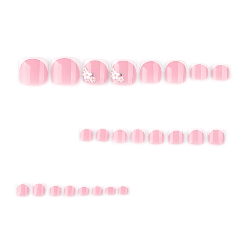 Französische Press-On Zehennägel Mit 3D Blumen Künstliche Perlen Strass Rosa Farbverlauf Glänzende Falsche Zehennägel Für Frauen