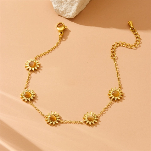 Elegant Stainless Steel Gold Plated Sunflower Bracelet With Amber Color Artificial Pearl Inlaid Retro Hollow Women Jewelry