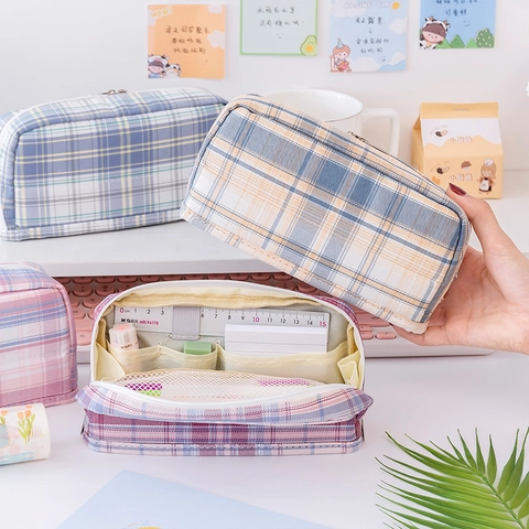 Large Capacity Pencil Case Canvas Leather Portable Stationery Bag Multi Layer Astronaut Cartoon Plaid For Students Kids