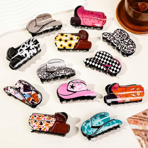 Acrylic Cowboy Hat Boots Hair Claw Clip Western Retro Leopard Cow Print Fashion Accessories For Women