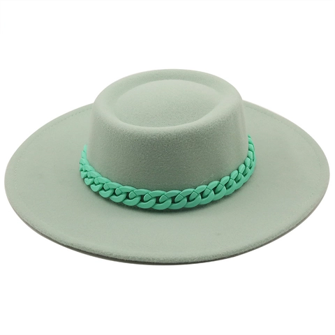 Cappello Fedora In Feltro Di Lana A Tesa Larga Testa Piatta Con Catena Grossa In Plastica Berretto Da Jazz Vintage Per Uomo E Donna