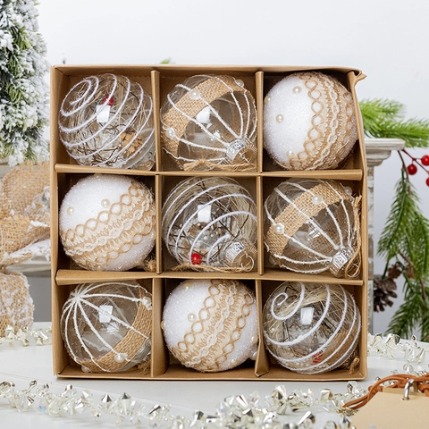 Christmas Ball Ornaments Rustic Farmhouse Hanging Decor Acrylic Foam Jute Lace Plastic Vintage Tree Party Decorations