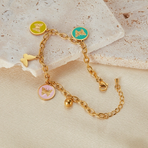 Gold Plated Stainless Steel Butterfly Charm Bracelet Colorful Enamel Round Pendants Adjustable Fashion Jewelry For Women