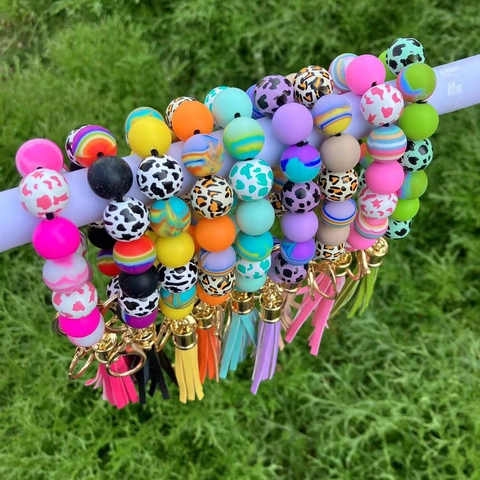 Silicone Beaded Keychain Wristlet With PU Leather Tassel Elastic Bracelet Key Ring Fashion Leopard Cow Print Women Accessories