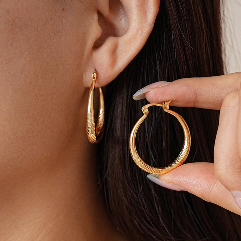 Retro Geometric Round Hoop Earrings With Spiral Texture Metal Lever Back Simple Fashion For Women