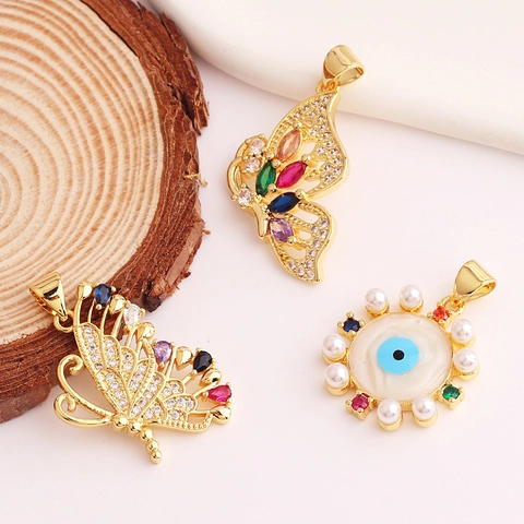 Elegant 18K Gold Plated Brass Necklace Colorful Zircon Butterfly Evil Eye Pendant Fashion Jewelry For Women