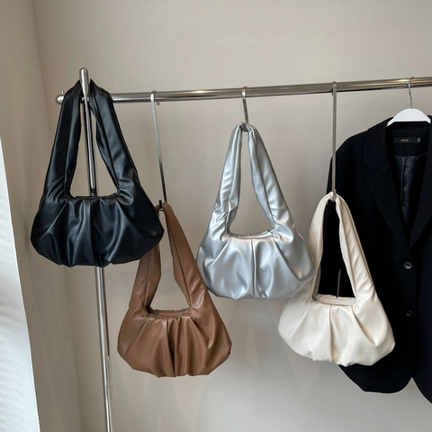 Women Pleated Underarm Bag Vintage PU Leather Ruched Shoulder Bag Trendy Soft Cloud Hobo Purse Fashion Casual Handbag