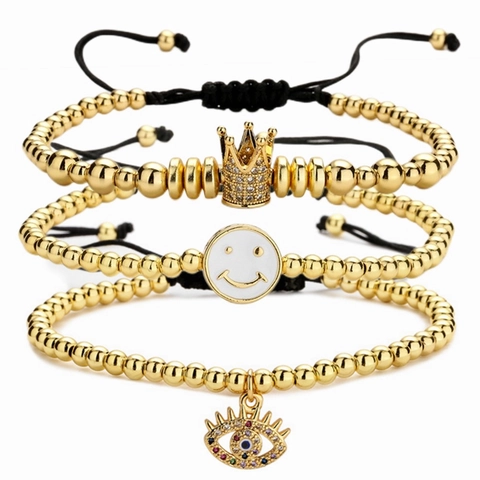 Bracciale Con Perline Malocchio Sorriso Corona Rame Placcato Oro Zirconia Cubica Cordino Intrecciato Regolabile Gioielli Per Donne
