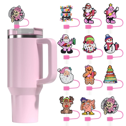 Silicone Straw Covers Dustproof Reusable Straw Tips For Tumbler Cup Christmas Santa Snowman Gingerbread Decorations