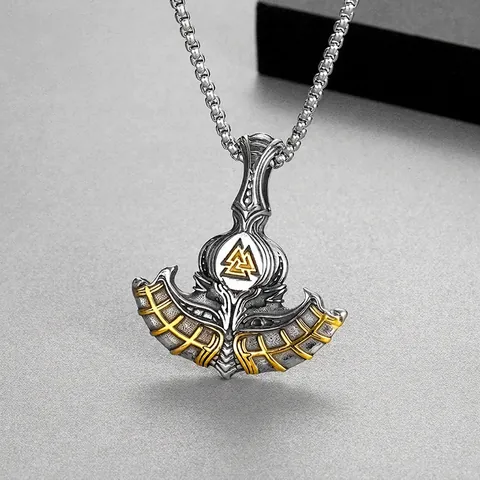 Viking Axe Pendant Necklace Stainless Steel Valknut Rune Retro Punk Thor Axe Jewelry For Men