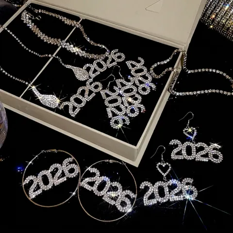 2026 Nummer Strass Halskette Und Ohrringe Kupferbasis Luxus Glitzernder Party Schmuck 925 Sterling Silber Ohrring Stecker