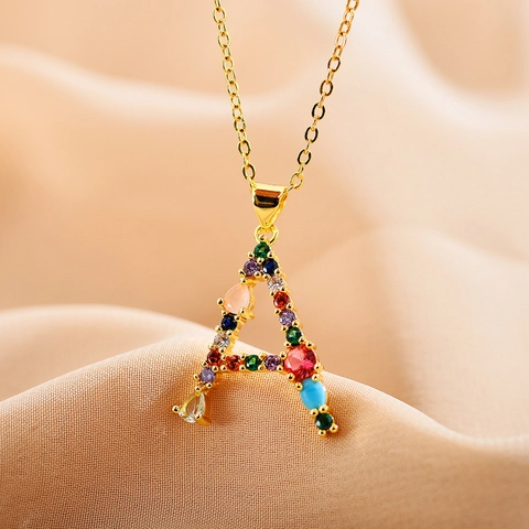 Bunte Zirkon Initial Alphabet Anhänger Halskette Kupfer Mehrfarbige Buchstaben Schmuck Für Frauen Einfache Mode Luxus