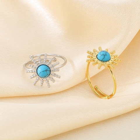 Anillo Ajustable Acero Inoxidable Turquesa Girasol Retro Francés Vintage Bohemio Diseño Abierto Joyería Para Mujeres