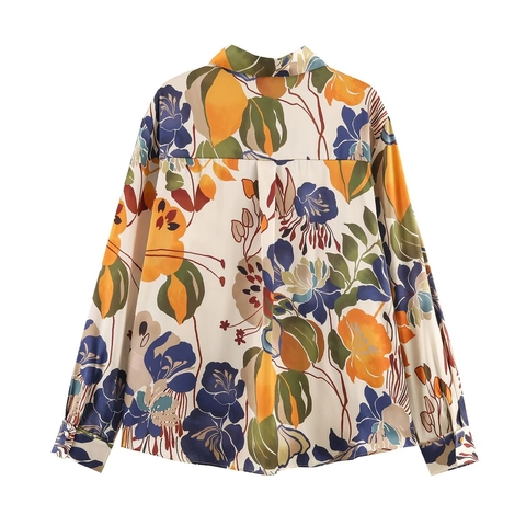 Damen Satinhemd Mit Blumendruck Langarm Geknöpft Reverskragen Vintage Abstraktes Muster Polyester Bluse