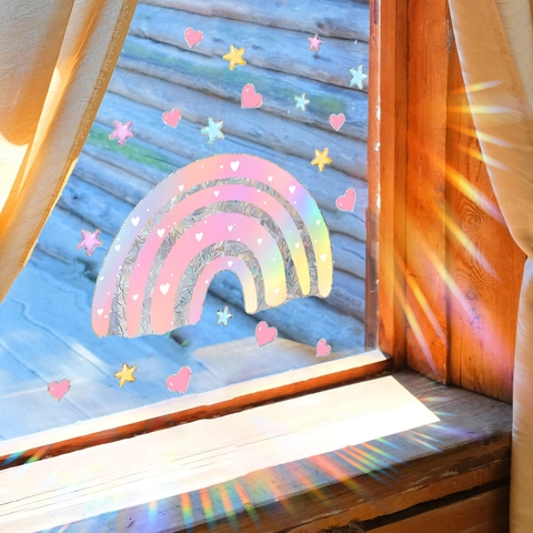 Rainbow Heart Star Sun Catcher Static Window Sticker Gradient Pink Prismatic Effect PVC Glass Decal For Home Bedroom Decor