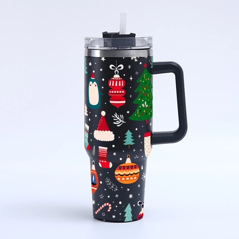 Christmas Insulated Tumbler With Handle Lid And Straw Stainless Steel Reusable Travel Coffee Mug Festive Pattern