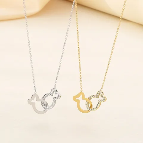 Collar Con Colgante De Doble Pez Entrelazado De Acero Inoxidable Con Diamantes De Imitación Joyería Para Mujer