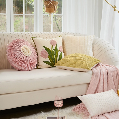 Floral Embroidered Throw Pillow Cover Tulip Pink Flower Shape Nordic Decorative Cushion Case For Sofa Home Decor