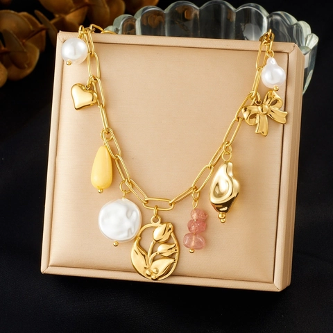 Collar Colgante De Acero Inoxidable Chapado En Oro Tulipán Flor Lazo Corazón Perla Artificial De Imitación Cuentas Estilo Pastoral Mujeres
