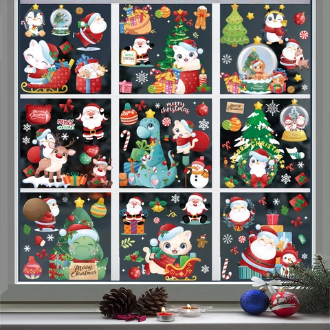 Weihnachten Fensteraufkleber PVC Statisch Haftend Weihnachtsmann Rentier Dinosaurier Pinguin Katze Schneemann Cartoon Glas Deko