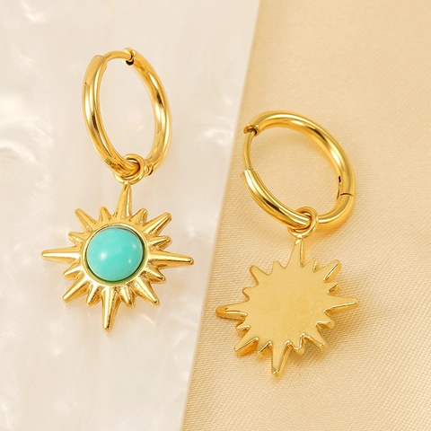 Zon Sterrenbeeld Hoop Oorbellen 18K Verguld Roestvrij Staal Met Turkoois Bohemien Retro Geometrisch Voor Dames