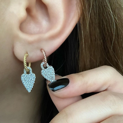 Zircon Pave Heart Drop Earrings Copper Plated Gold Twisted Rope Hoop Bohemian Style Vintage For Women