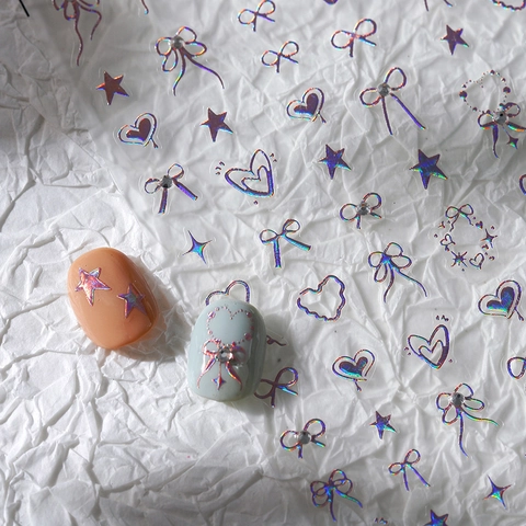 3D Nagelkunst Aufkleber Holografische Selbstklebende Dekore Schleife Herz Stern Für DIY Maniküre