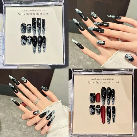 Handgemachte Schwarze Press On Nägel Mit Silbernem Kreuz Metallperlen Marmormuster Gothic Punk Lange Mandel Stiletto Künstliche Nägel