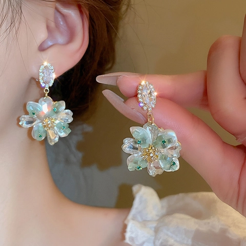 Alloy Blume Hänger Ohrringe Mit 925 Sterling Silber Ohrstecker Strass Kristall Eingelegt Eleganter Französischer Stil