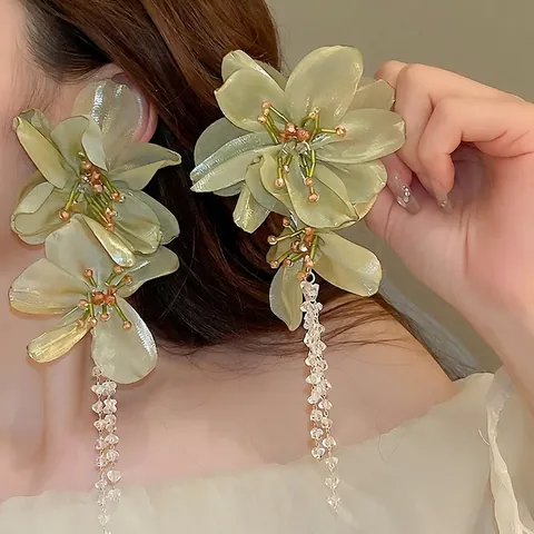 Green Organza Flower Drop Earrings With 925 Sterling Silver Earring Post And Crystal Tassel Exaggerated Elegant Fairy Style For Women